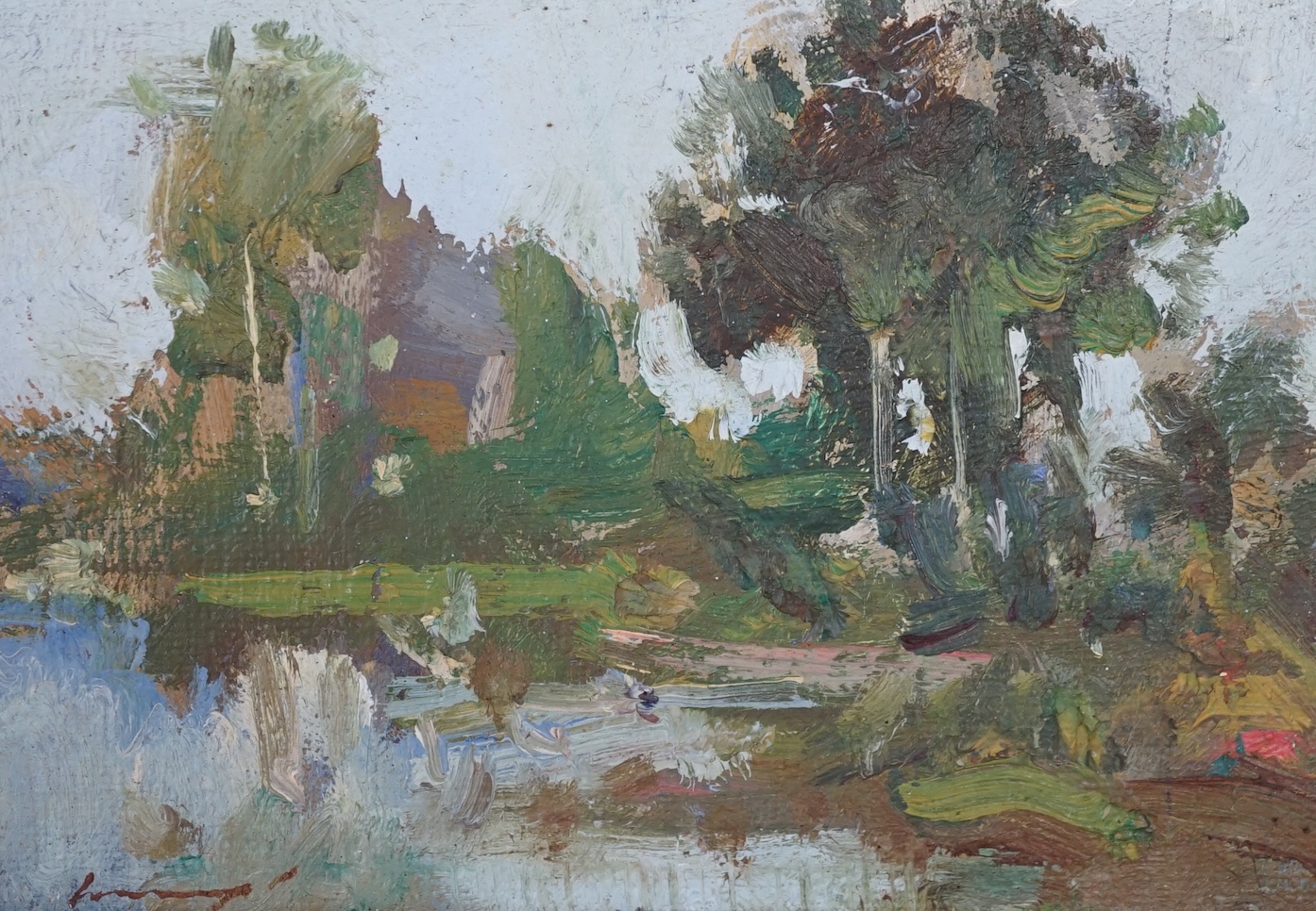 Ken Moroney (1949-2018), small oil on canvas board, Landscape study, signed, 8.5 x 12.5cm. Condition - good, some surface dirt and minor losses to the frame